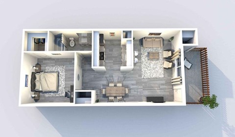 A top-down view of a modern apartment layout with a living room, kitchen, and two bedrooms.